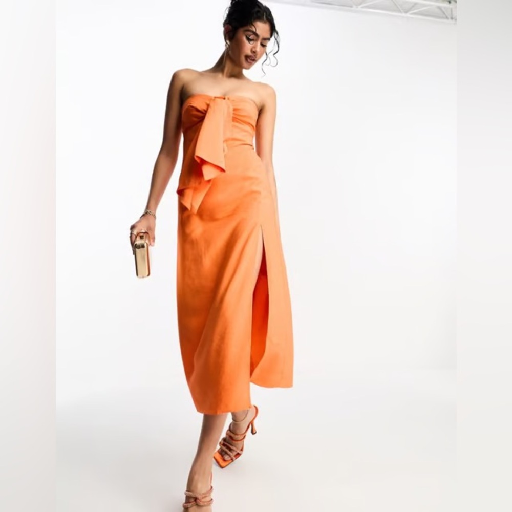 ASOS washed folded bandeau orange midi dress size 12